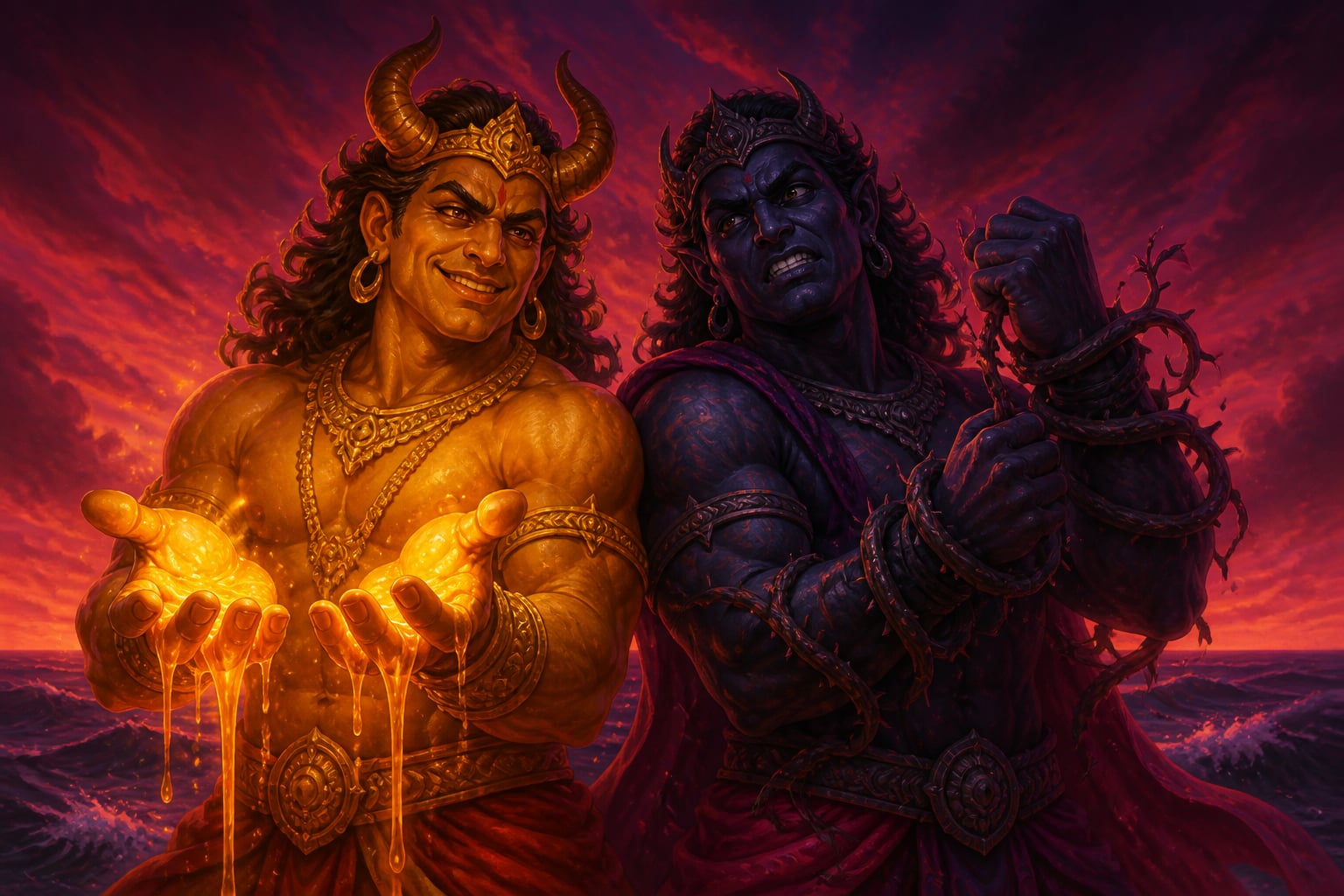 Madhu and Kaitabha bound by excess and attachment