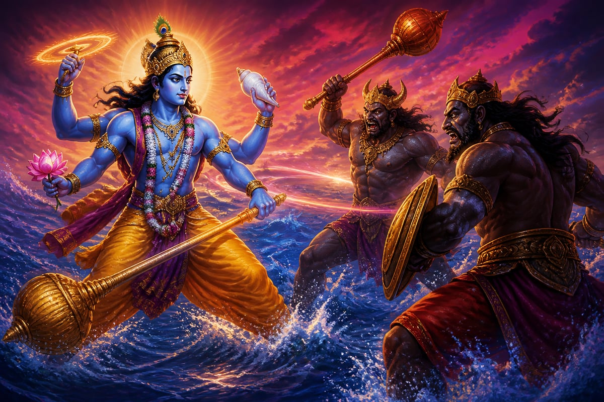 Vishnu as Madhusudana battles the two demons