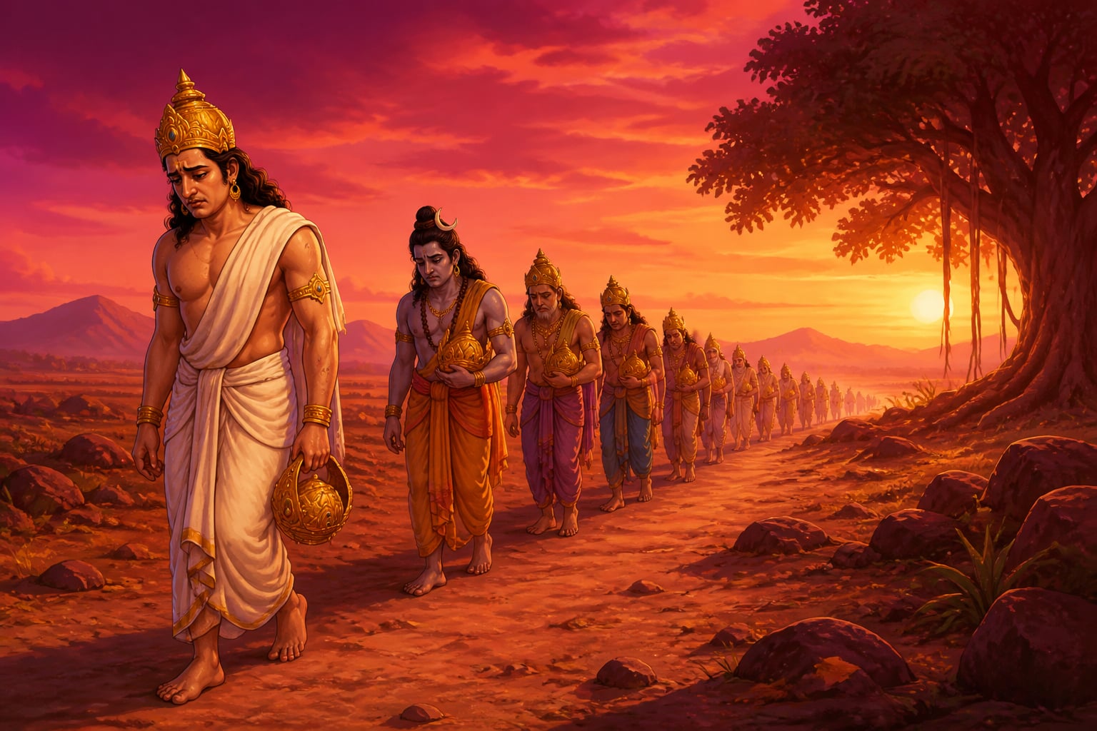 Indra and exiled gods trudging a dusty road