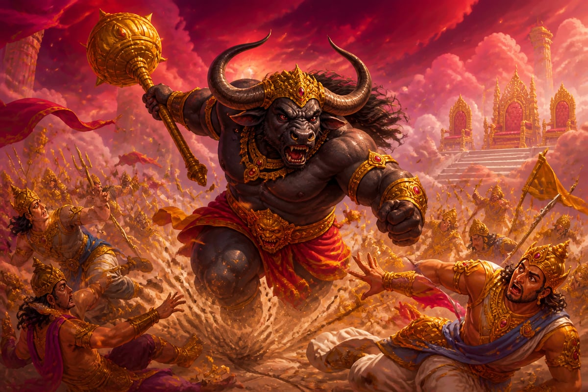 Mahishasura routs the gods on the battlefield
