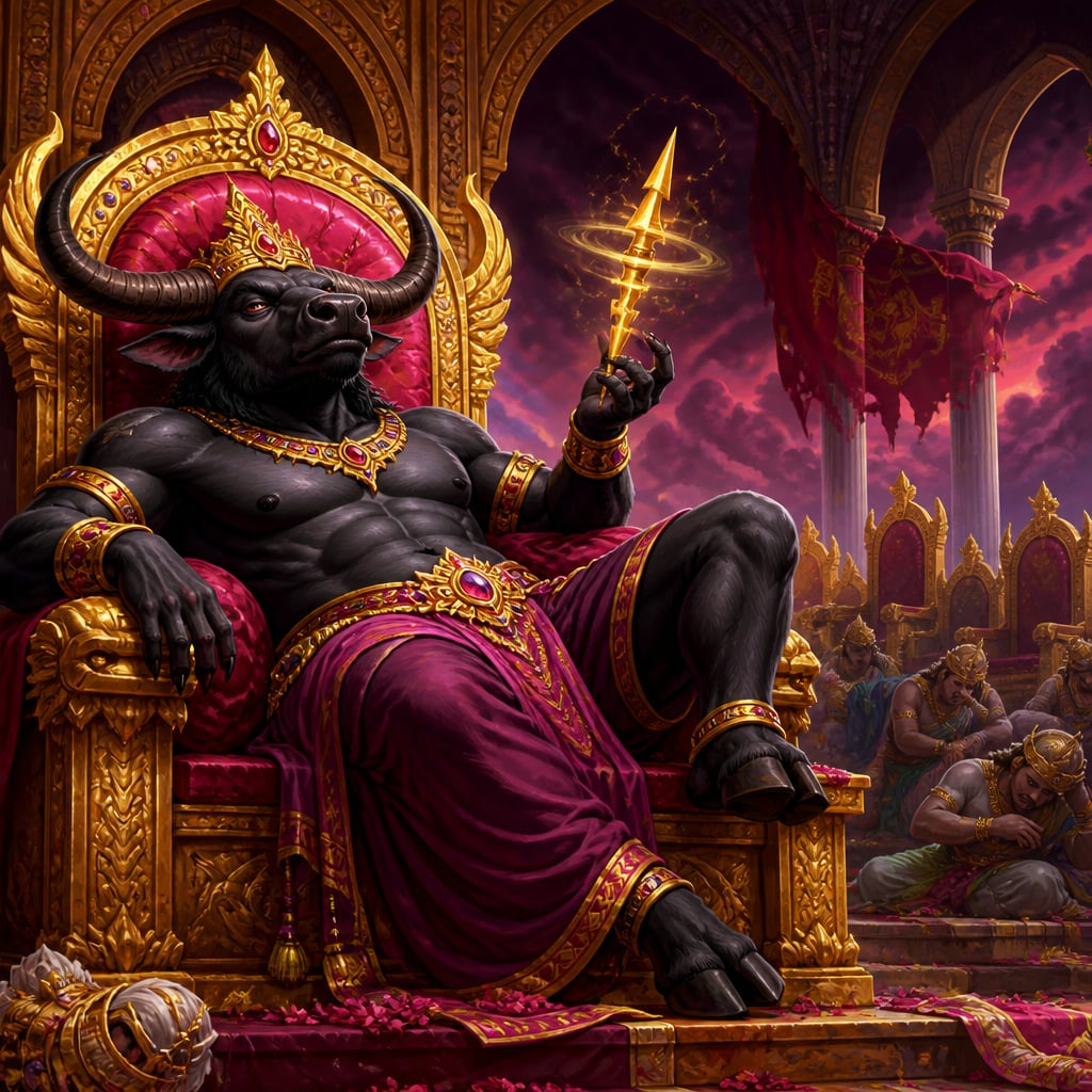 Mahishasura sprawled arrogantly on Indra's stolen throne