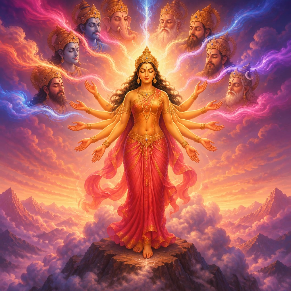 The newly formed Goddess standing serene and unarmed