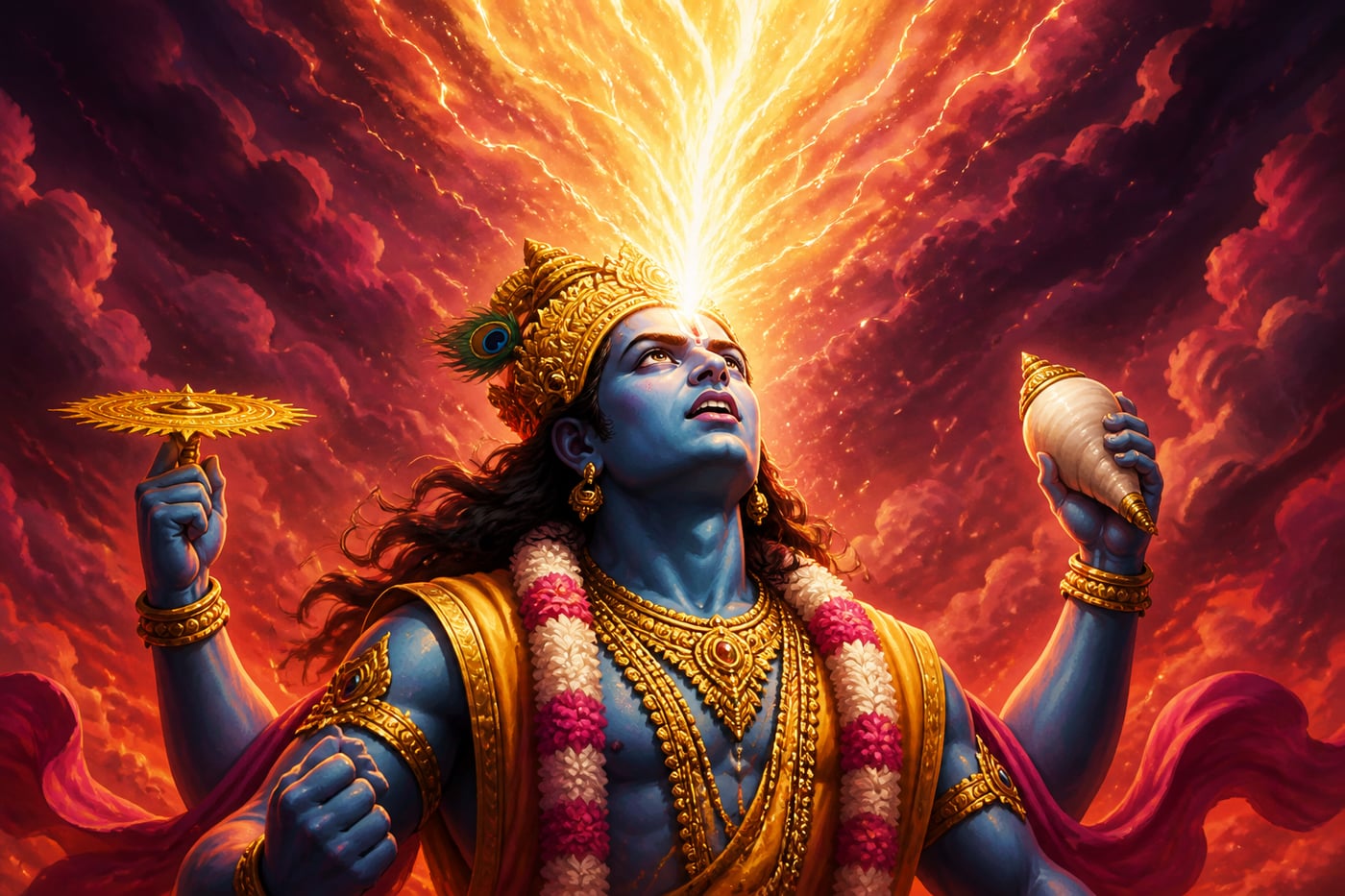 Vishnu's furious face streaming golden radiant light