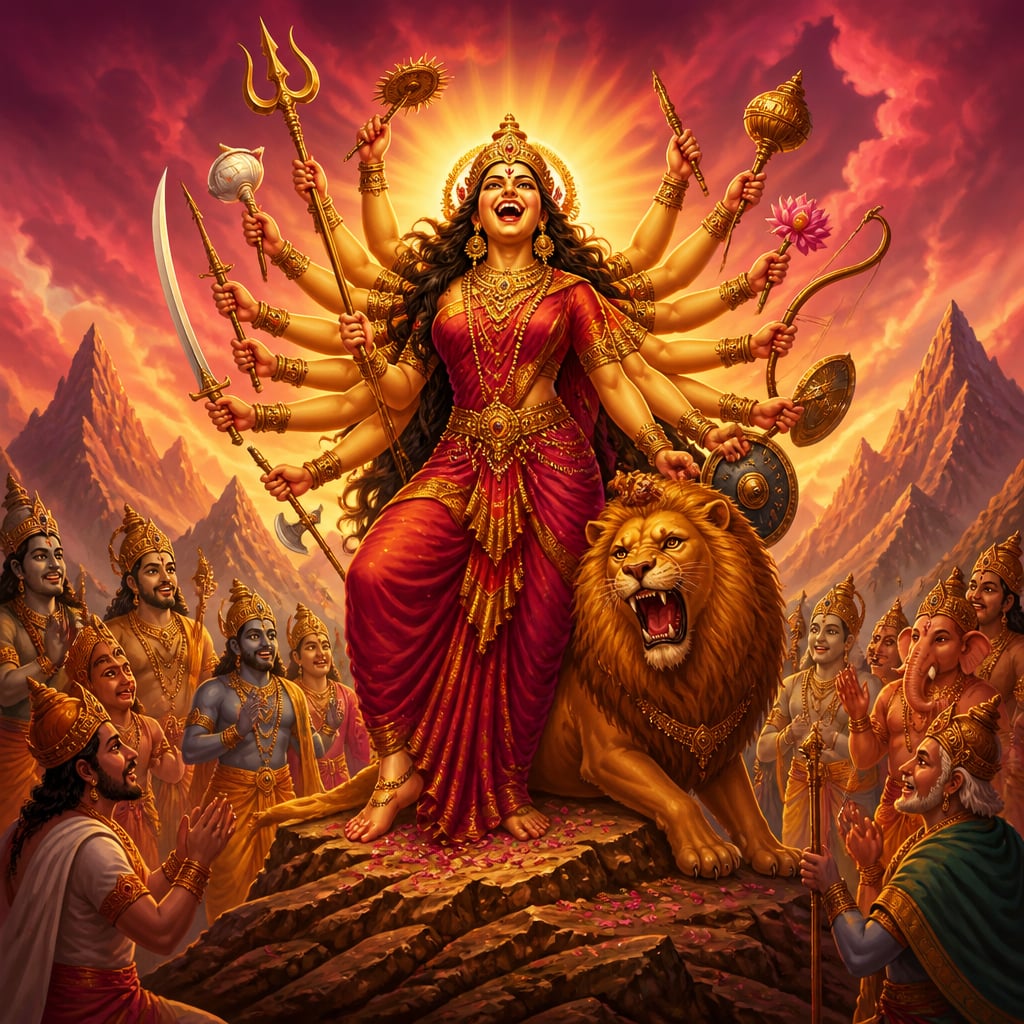 The armed Goddess laughing atop a mountain ridge