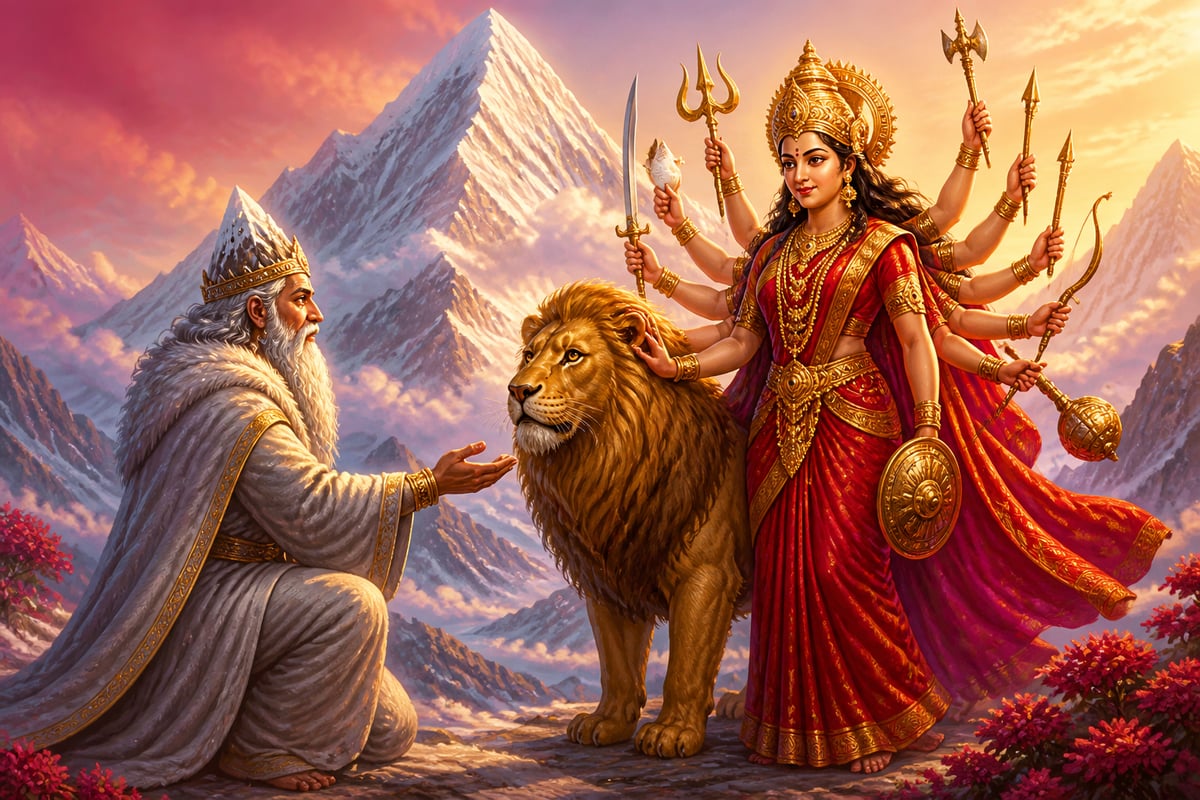 Himavan presenting the lion to the Goddess