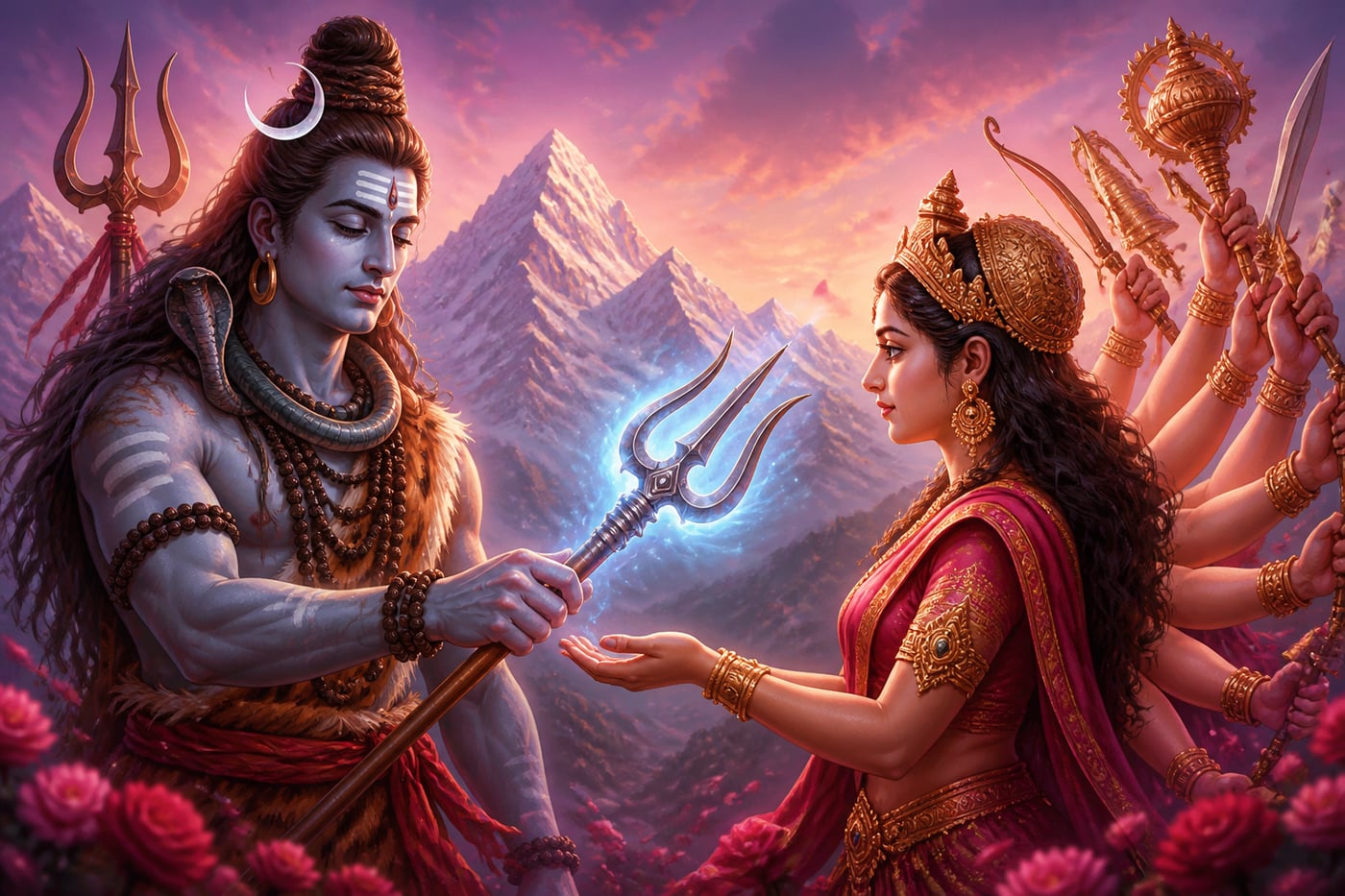 Shiva placing a trident into the Goddess's hand