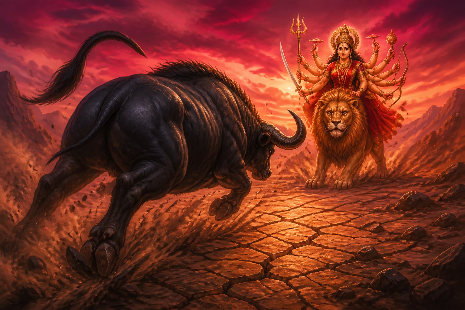 Mahishasura charging alone in buffalo form