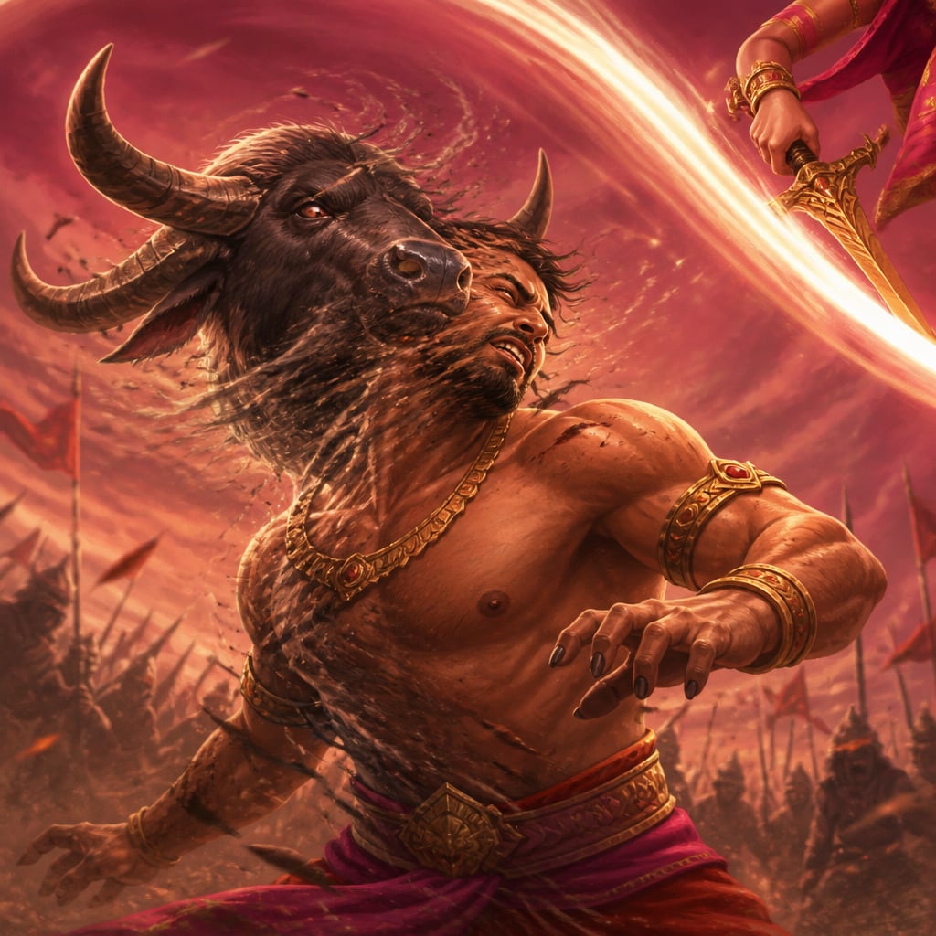 Mahishasura caught mid-transformation escaping the Goddess's blow