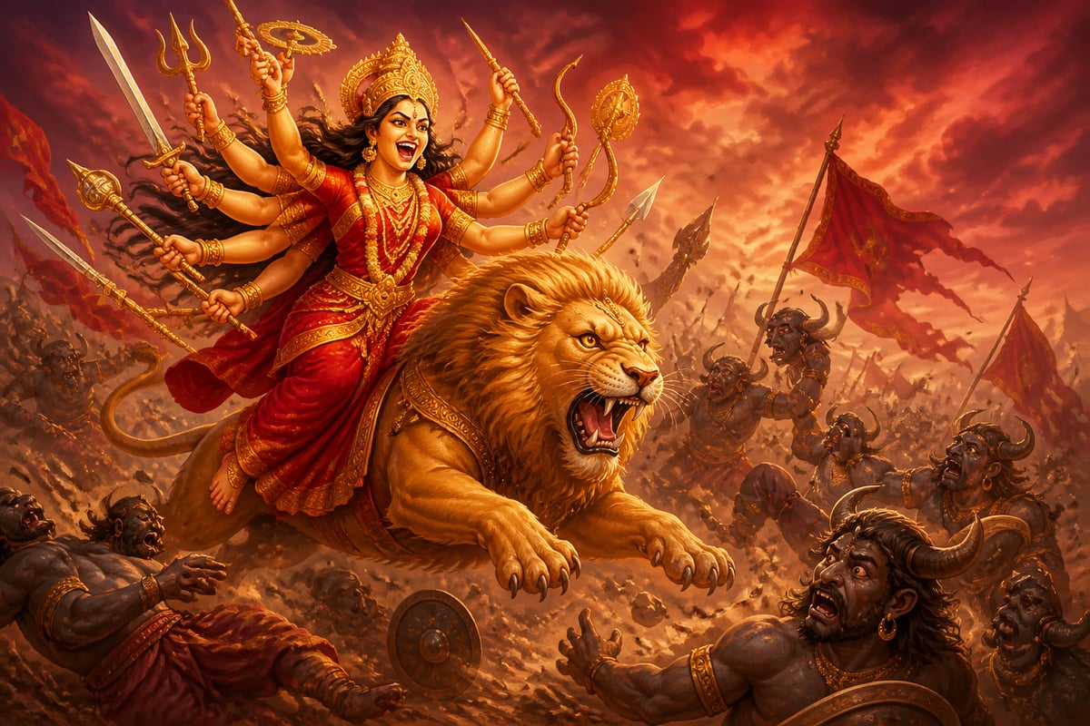 The Goddess's lion tearing through the demon army