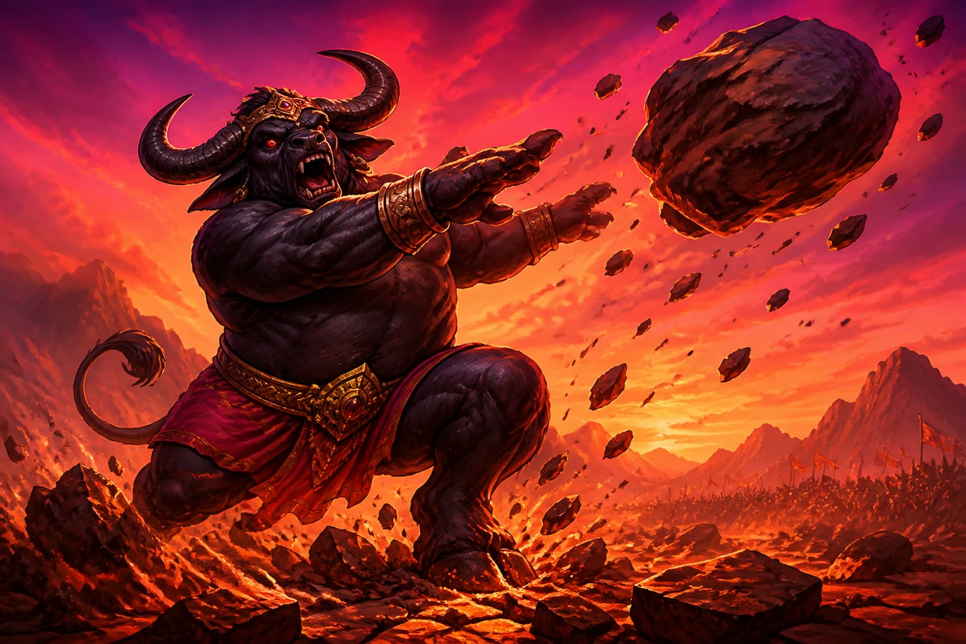 Mahishasura tossing a mountain in final battle
