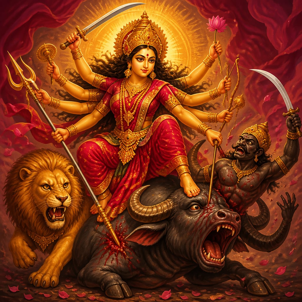The Goddess plants her foot on the buffalo