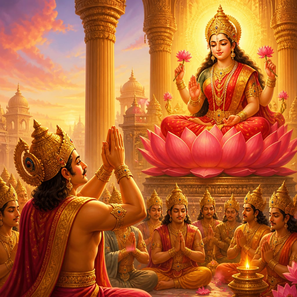Indra leading the devas' hymn to the Goddess