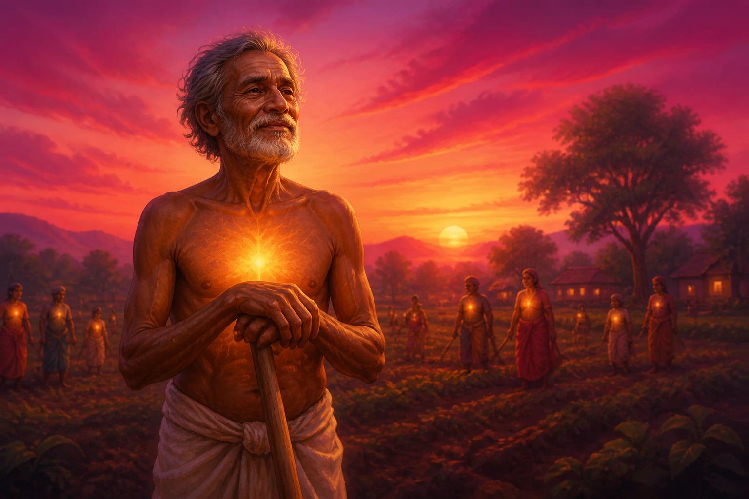 A farmer glowing with the Goddess's inner light