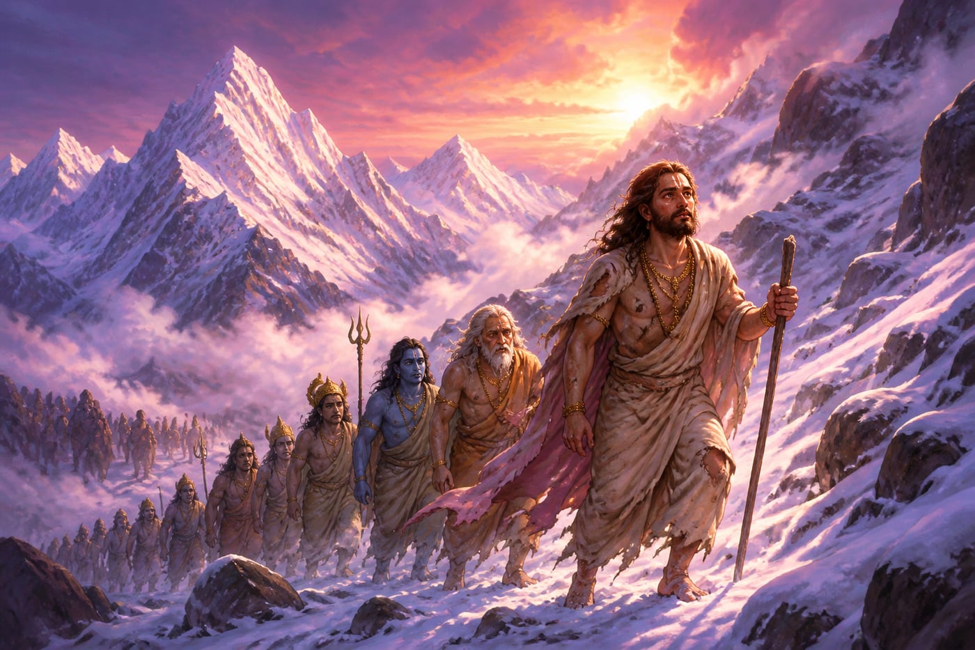 Indra and the gods climb snowy Himalayas