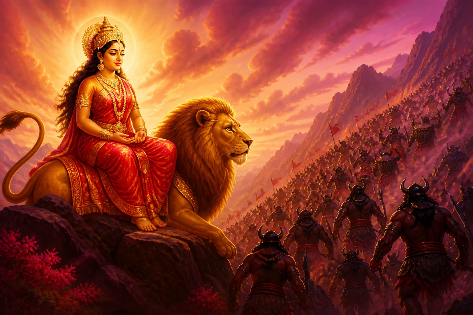 The goddess sits in serene contentment on her lion