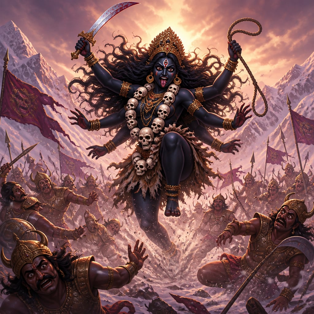 Kali descends fiercely amid the demon army