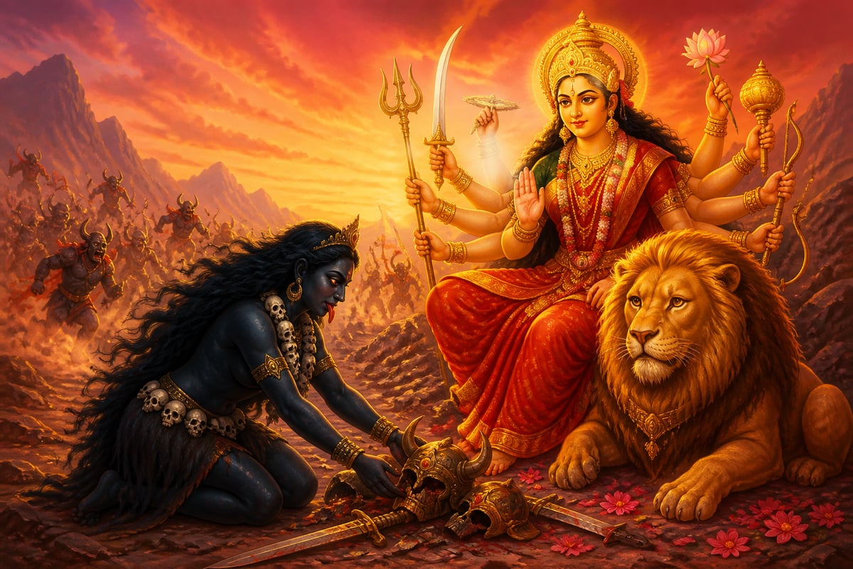 Kali lays fallen generals' arms before Ambika