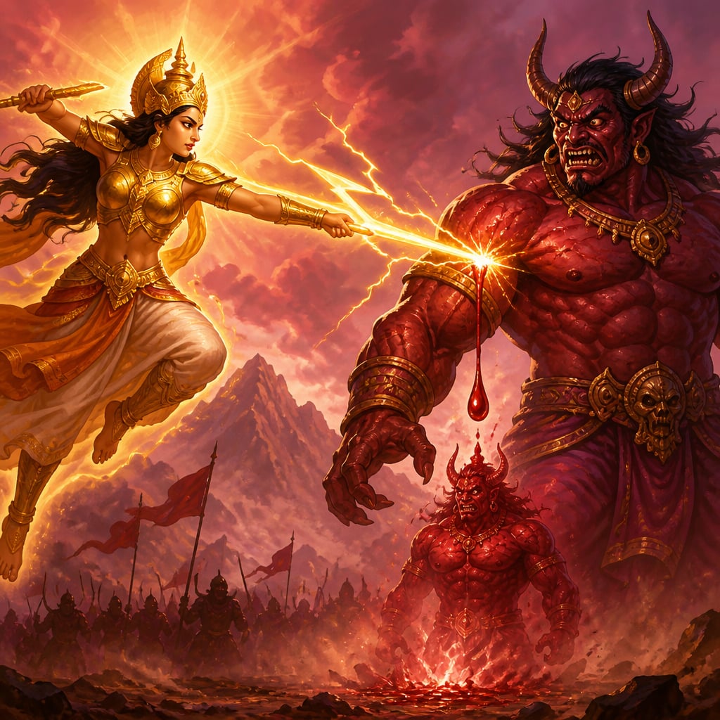 Aindri strikes Raktabija with a golden thunderbolt