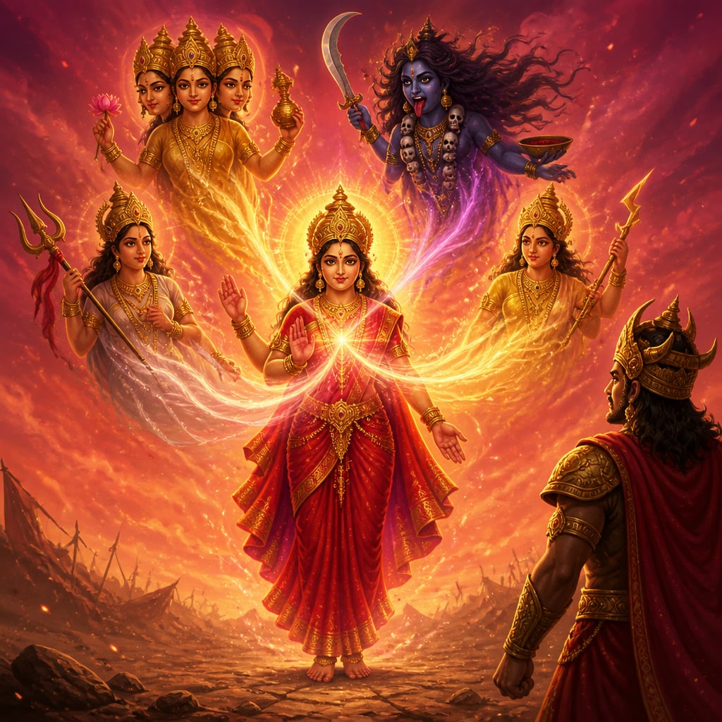 The Shaktis dissolve back into the one Goddess