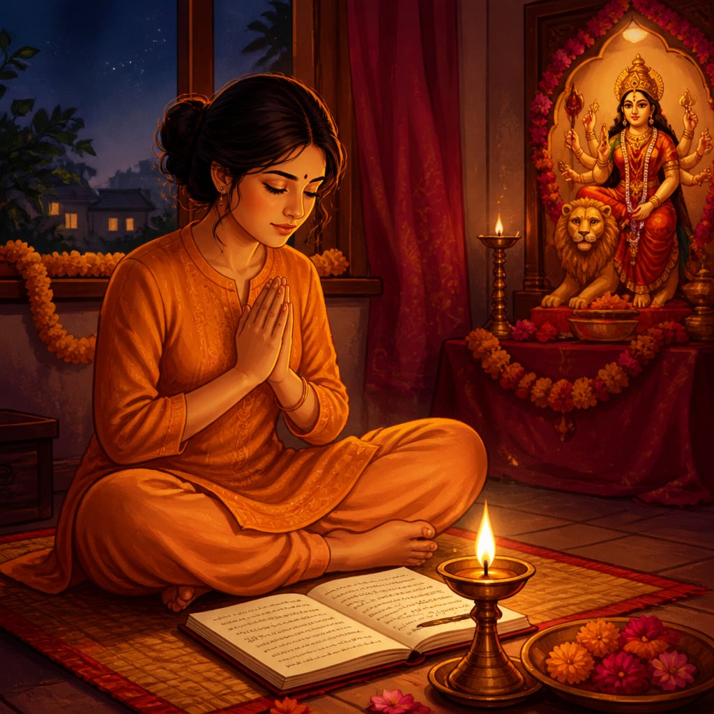 Ananya reciting the hymn by lamplight
