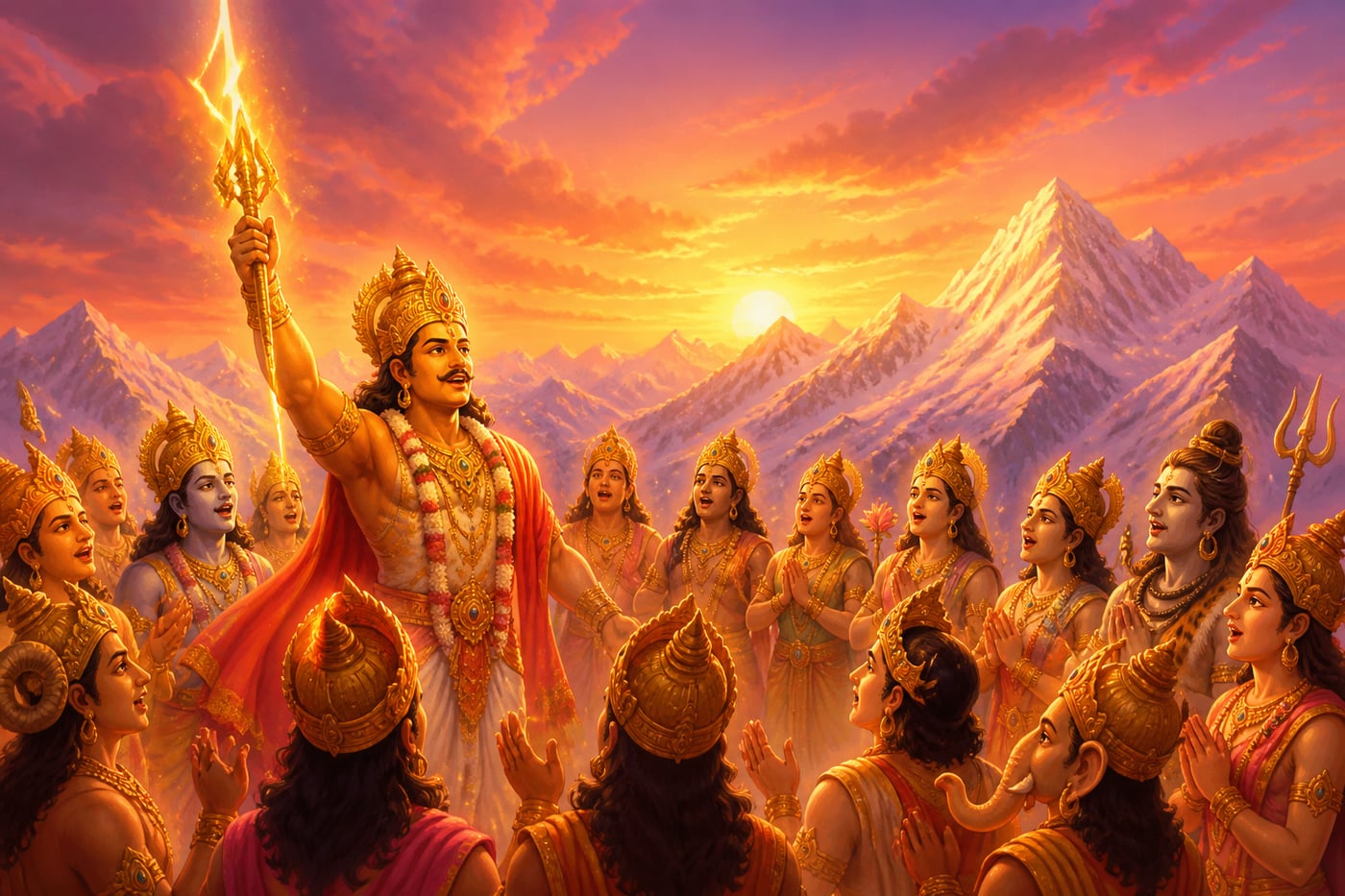 Indra and the gods singing the first hymn