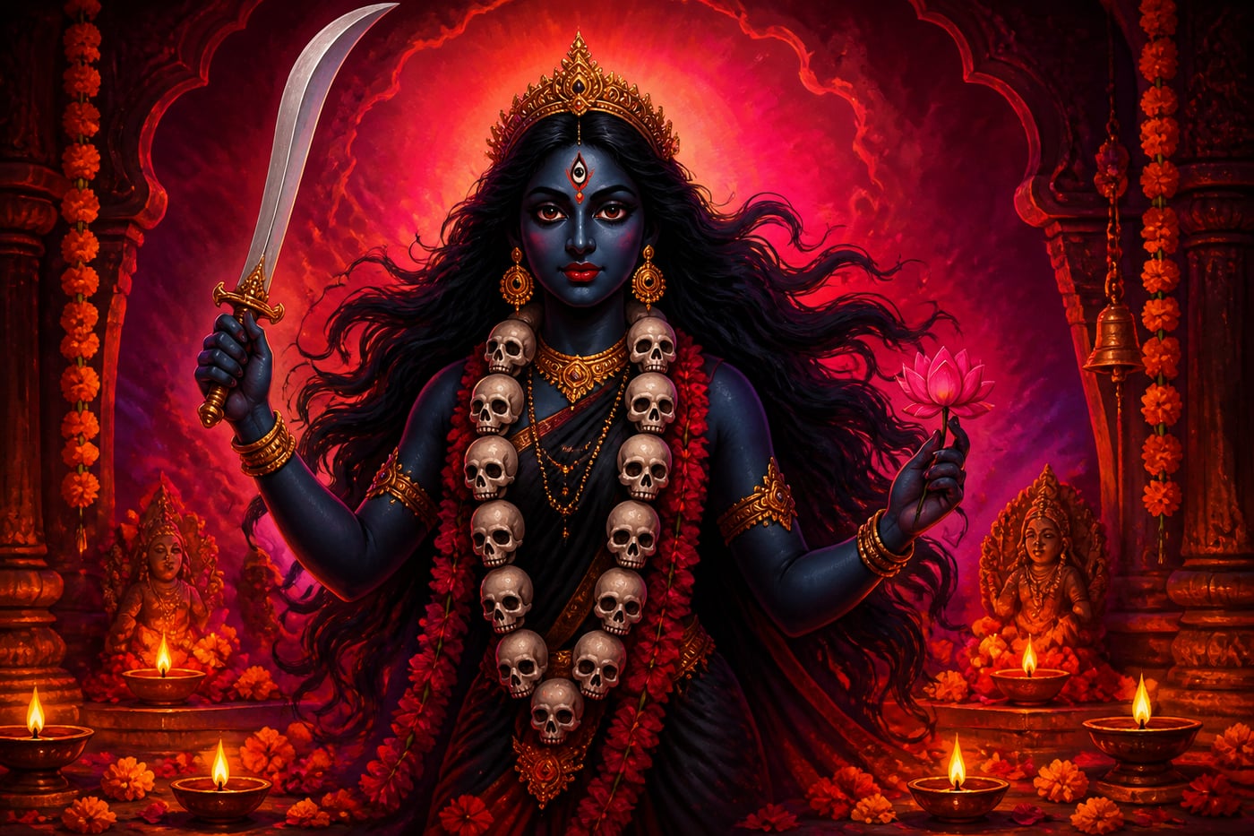 Kali worshipped serene and fierce at her altar