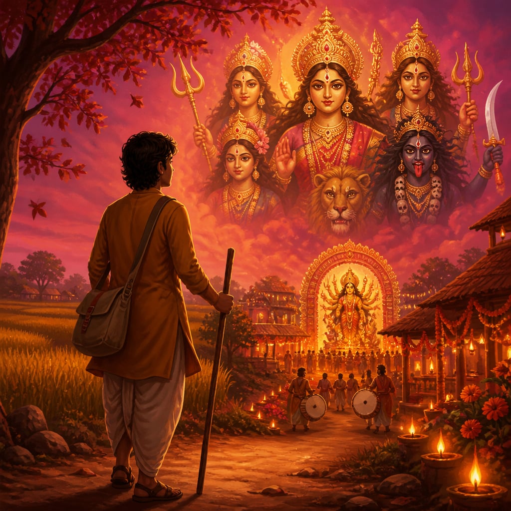 A traveller nearing a Goddess festival village