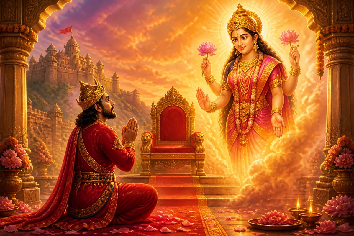 Suratha kneeling to receive his kingdom restored