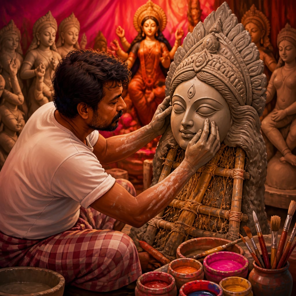 Nemai shaping the Goddess from Kumartuli clay