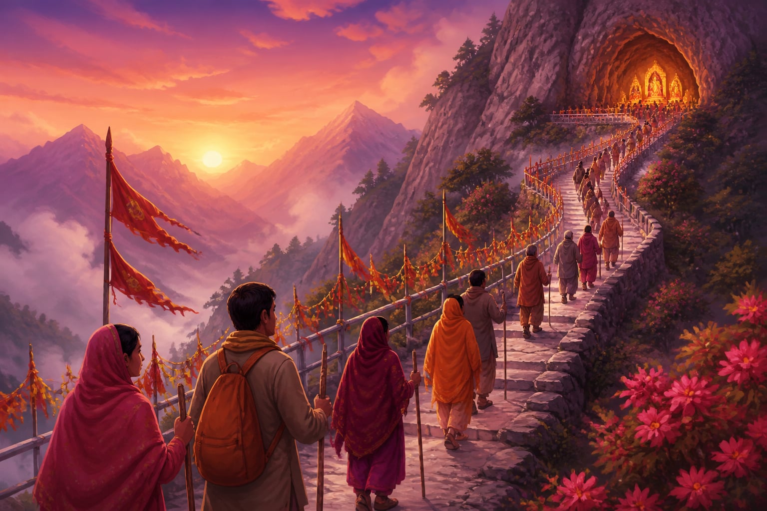 Pilgrims climbing to the Vaishno Devi cave