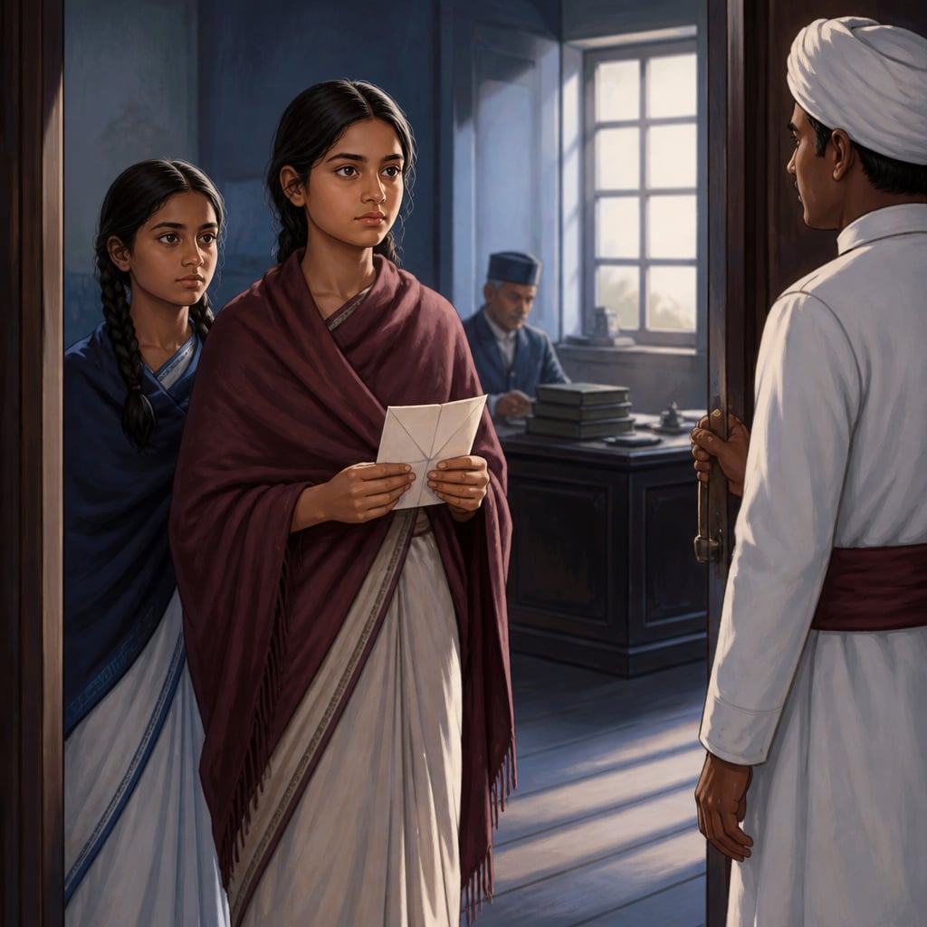 Two schoolgirls at the magistrate's door with their letter