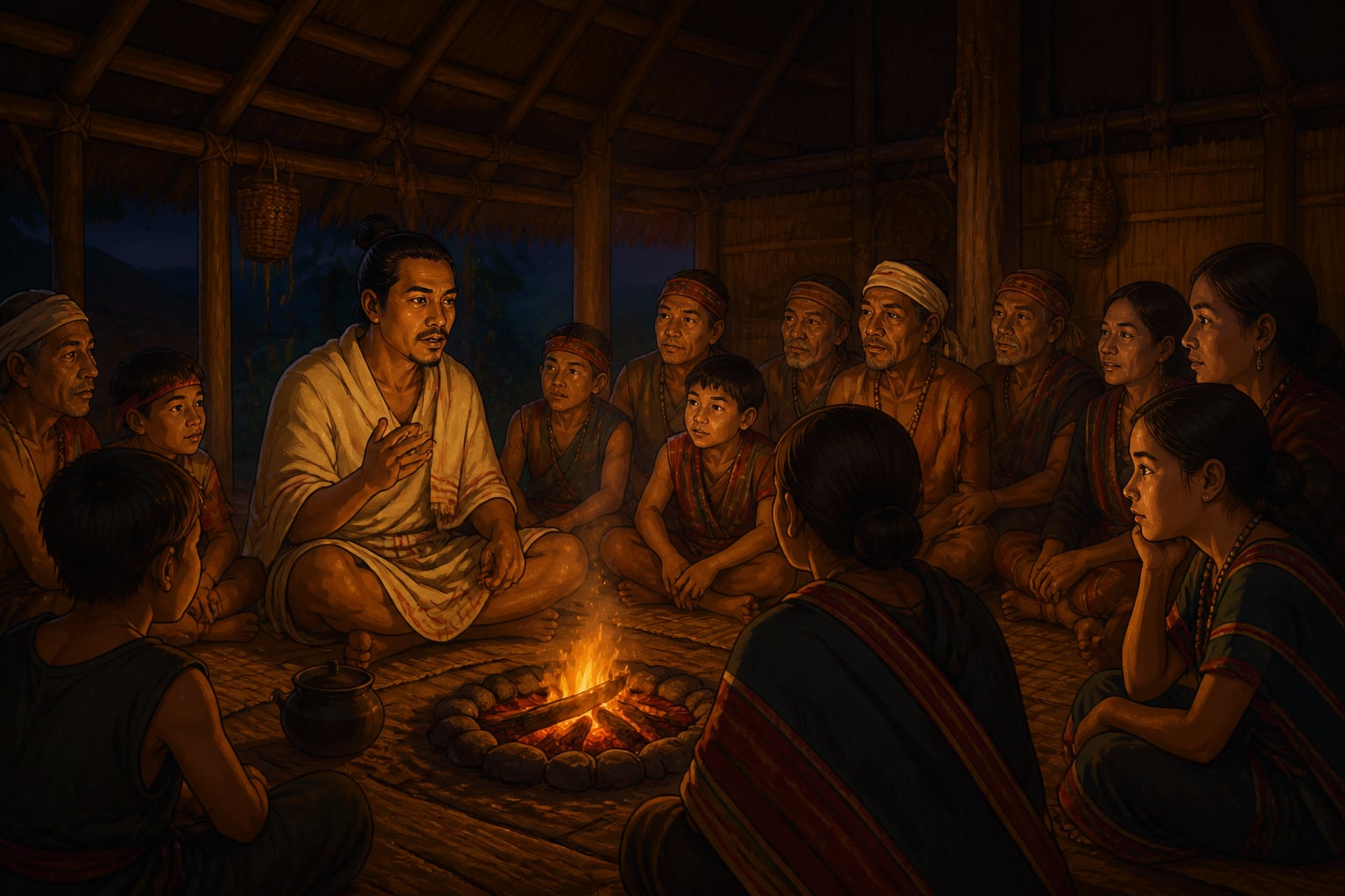 Jadonang preaching by a hearth in a Zeliangrong longhouse