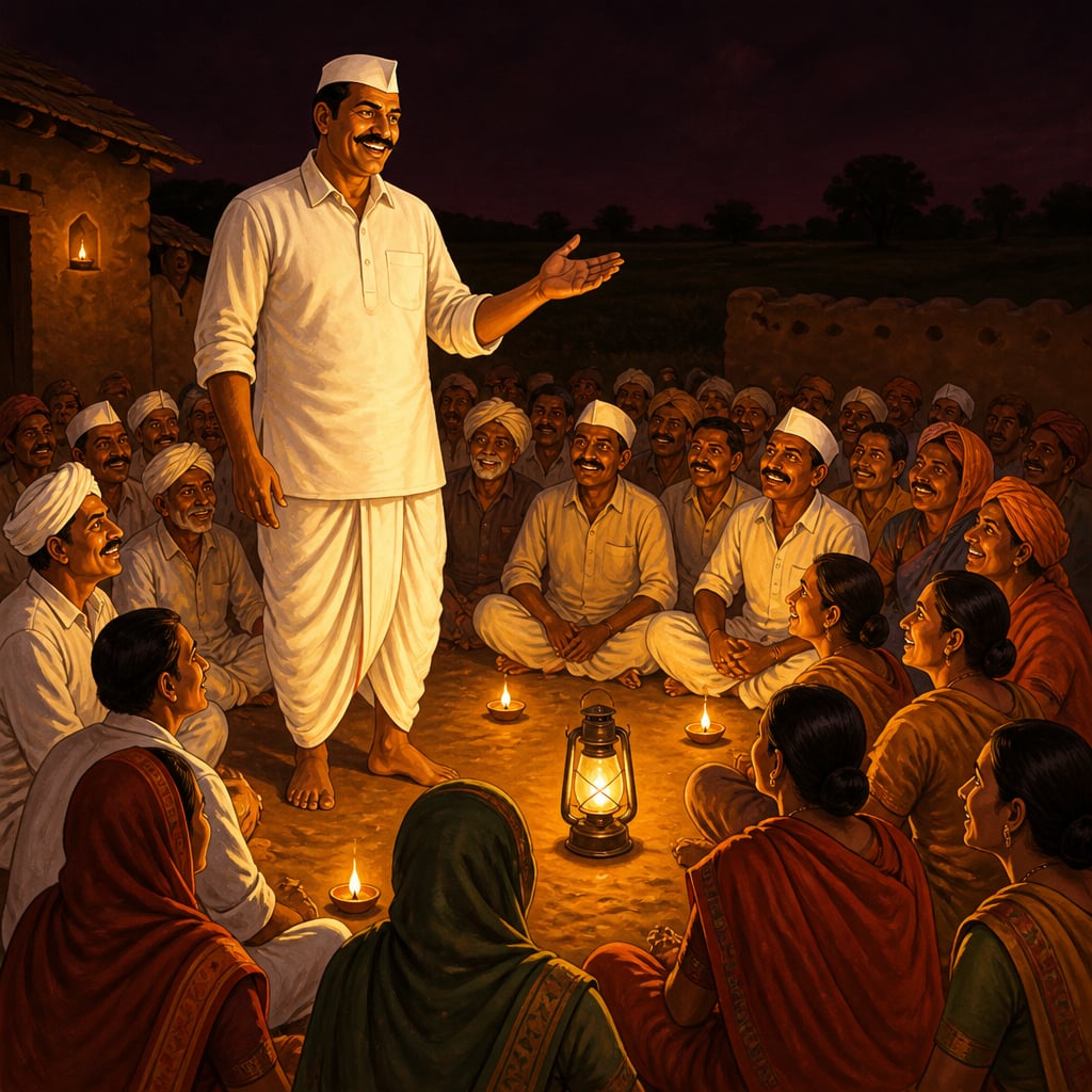 Nana Patil speaking to a Satara village by lamplight