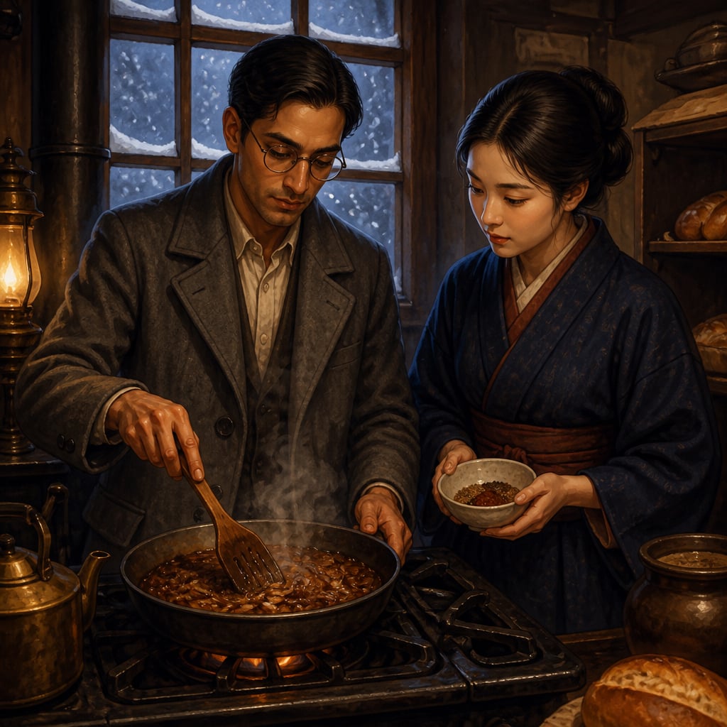 Rash Behari Bose frying onions in the Nakamuraya kitchen, Tokyo 1918