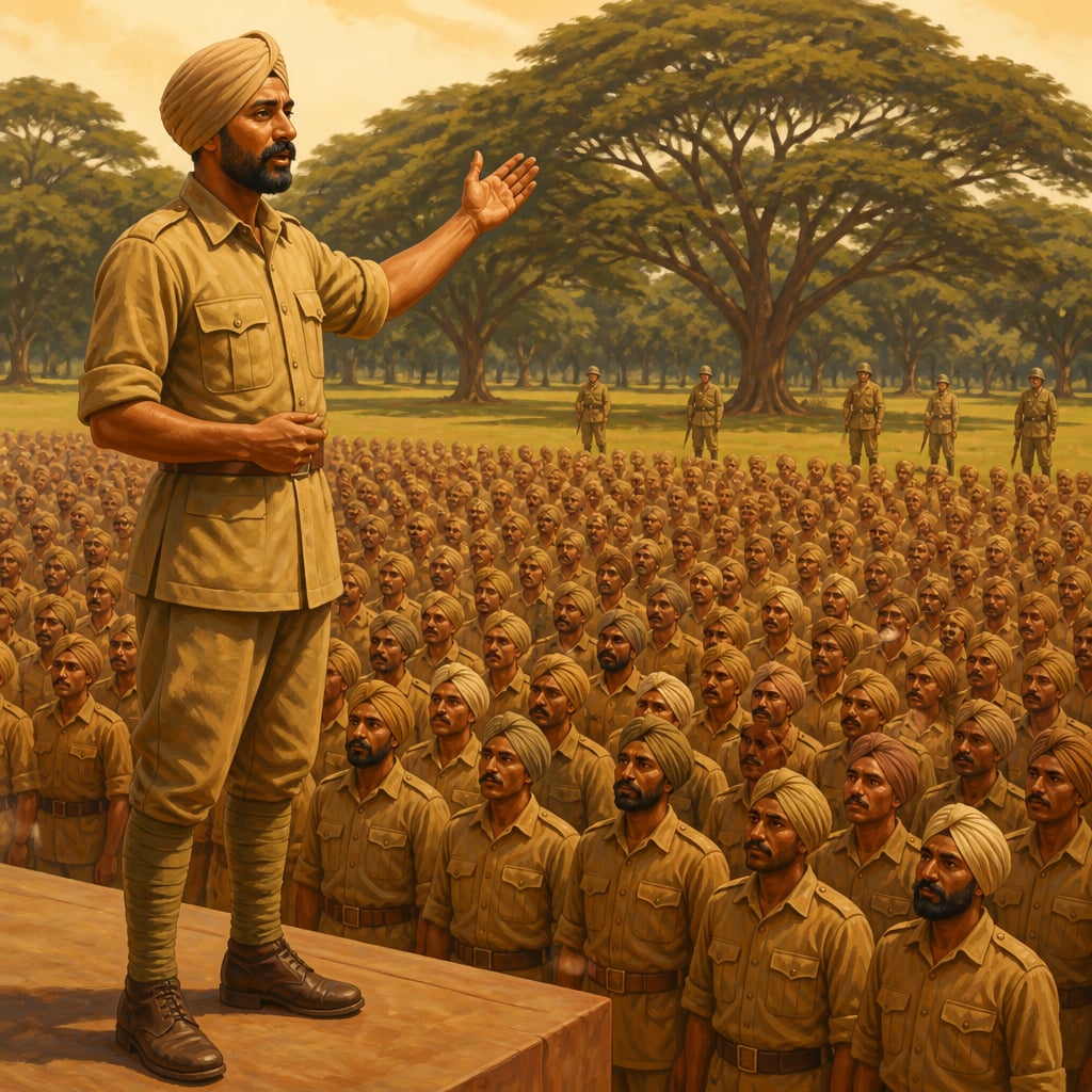 Mohan Singh speaking to forty-five thousand soldiers at Farrer Park