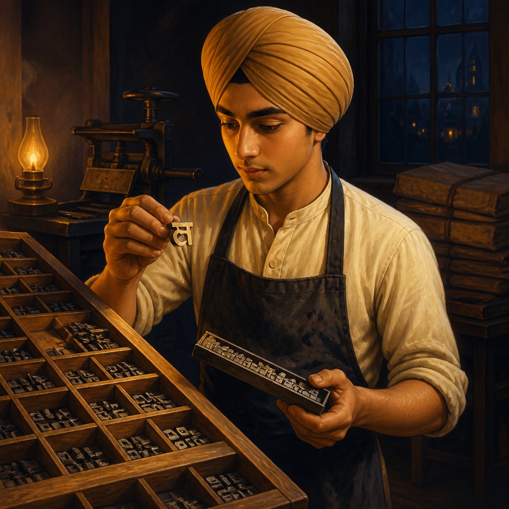 Kartar Singh Sarabha setting Gurmukhi type in San Francisco