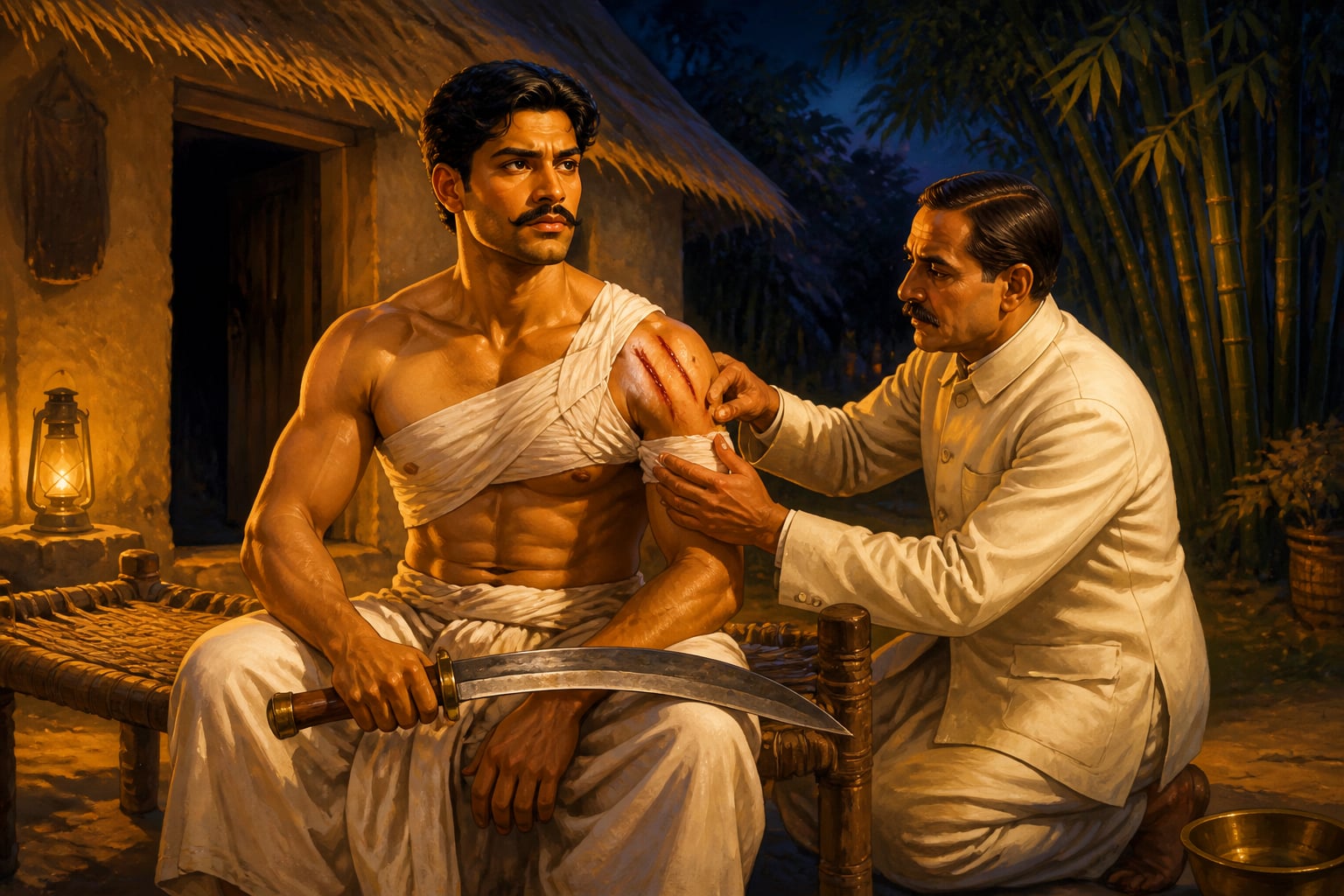 Jatin bandaged after killing a tiger with a khukuri
