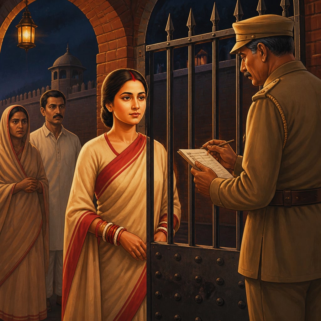 A widow in vermilion waiting at the Presidency Jail gate