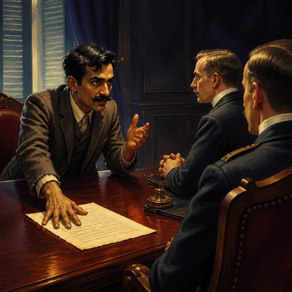 Chatto arguing across a table at the German Foreign Office