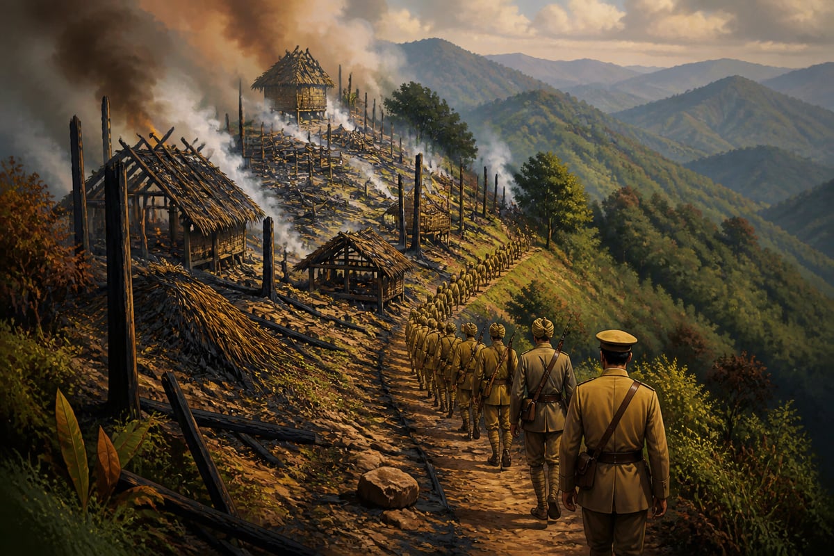 The burned granaries of Mombi smoking along the ridge