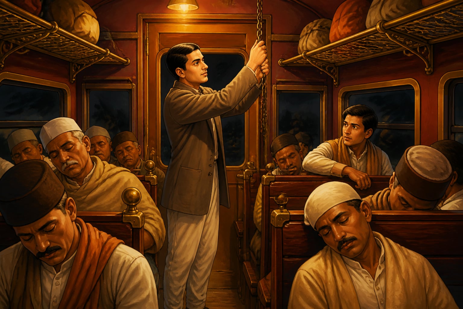 A young man pulling the emergency chain in the compartment