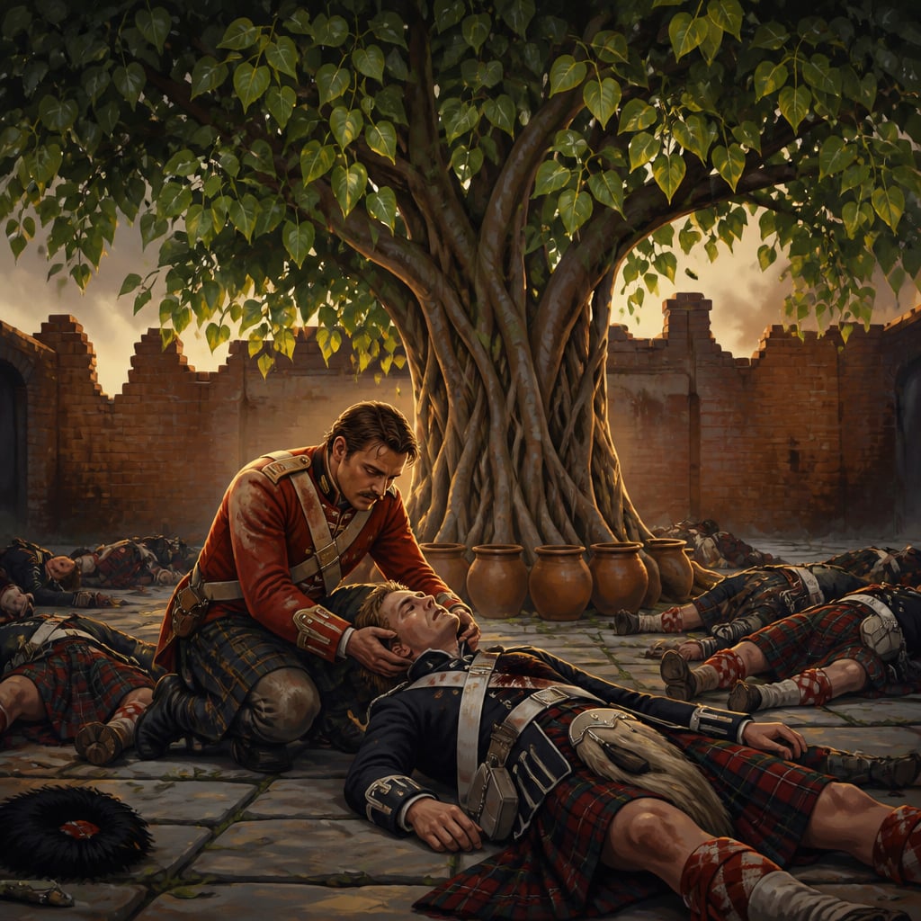 Captain Dawson examining the wounds under the pipal tree