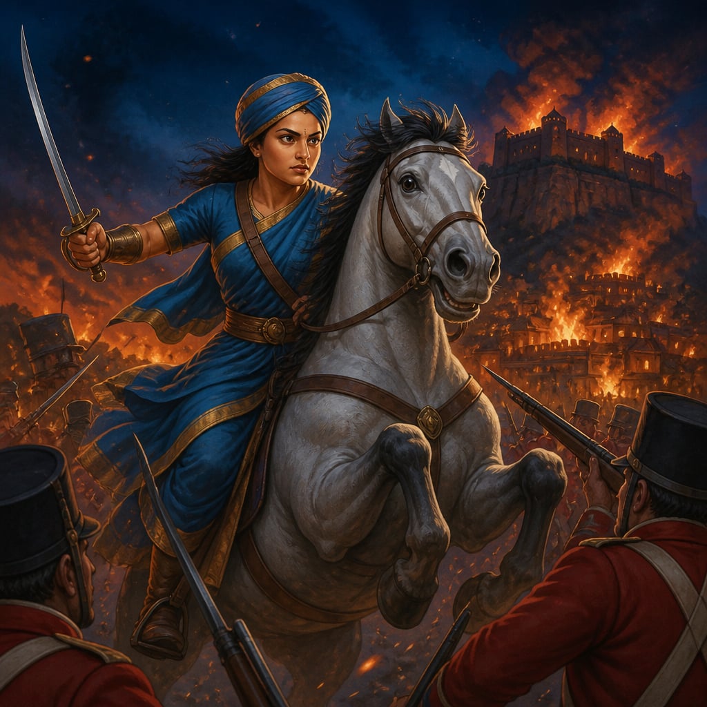 Jhalkari Bai riding out in the Rani's clothes