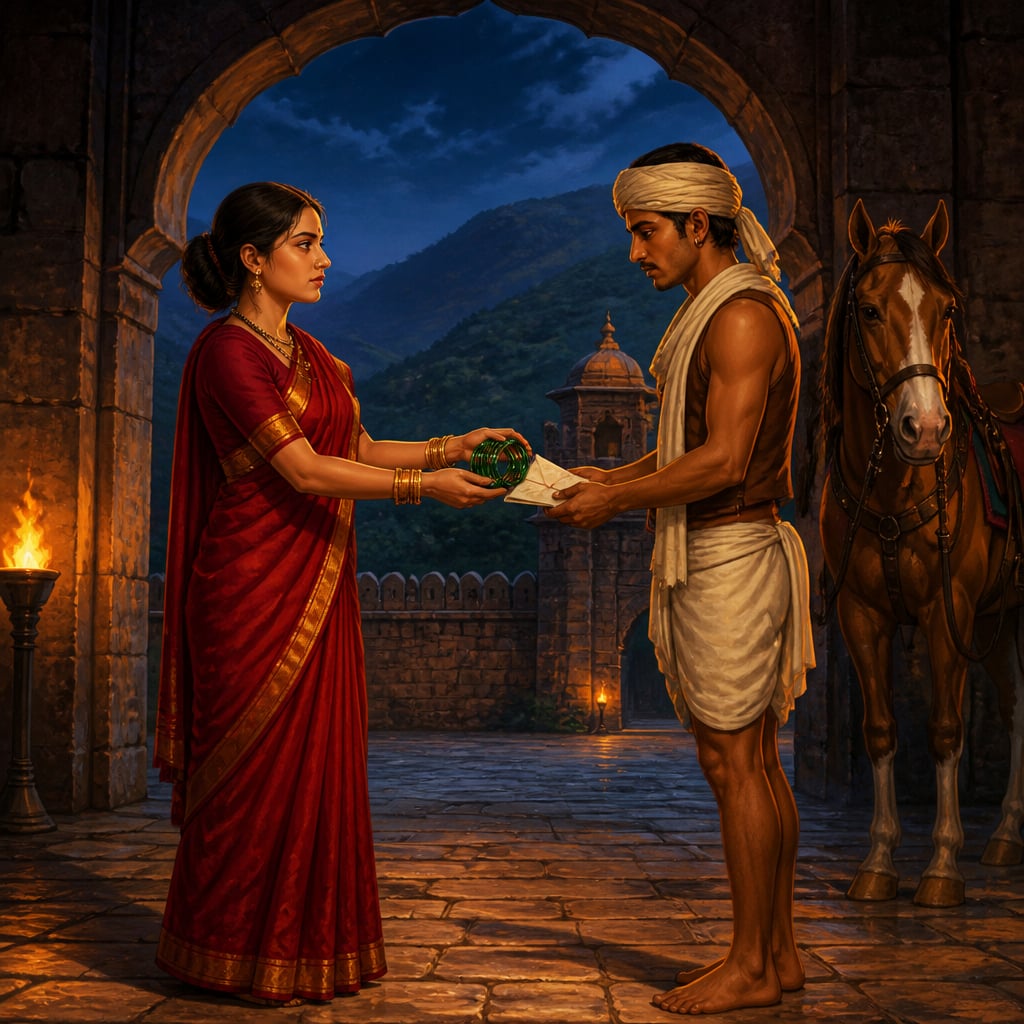 Avantibai Lodhi handing a rider bangles and a letter