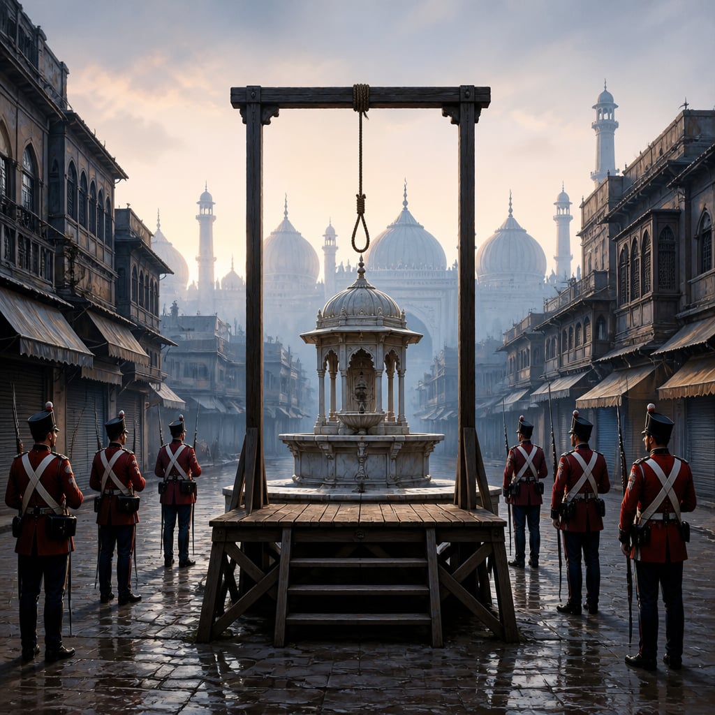 The empty gallows by the Chandni Chowk fountain at dawn