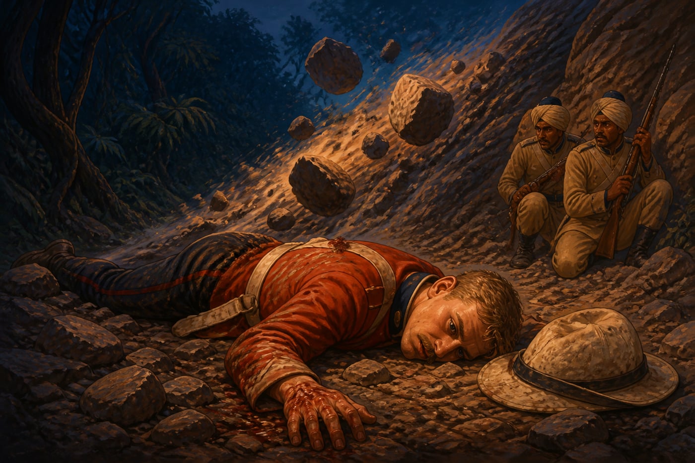 Surgeon Thornton struck by rocks in a ravine