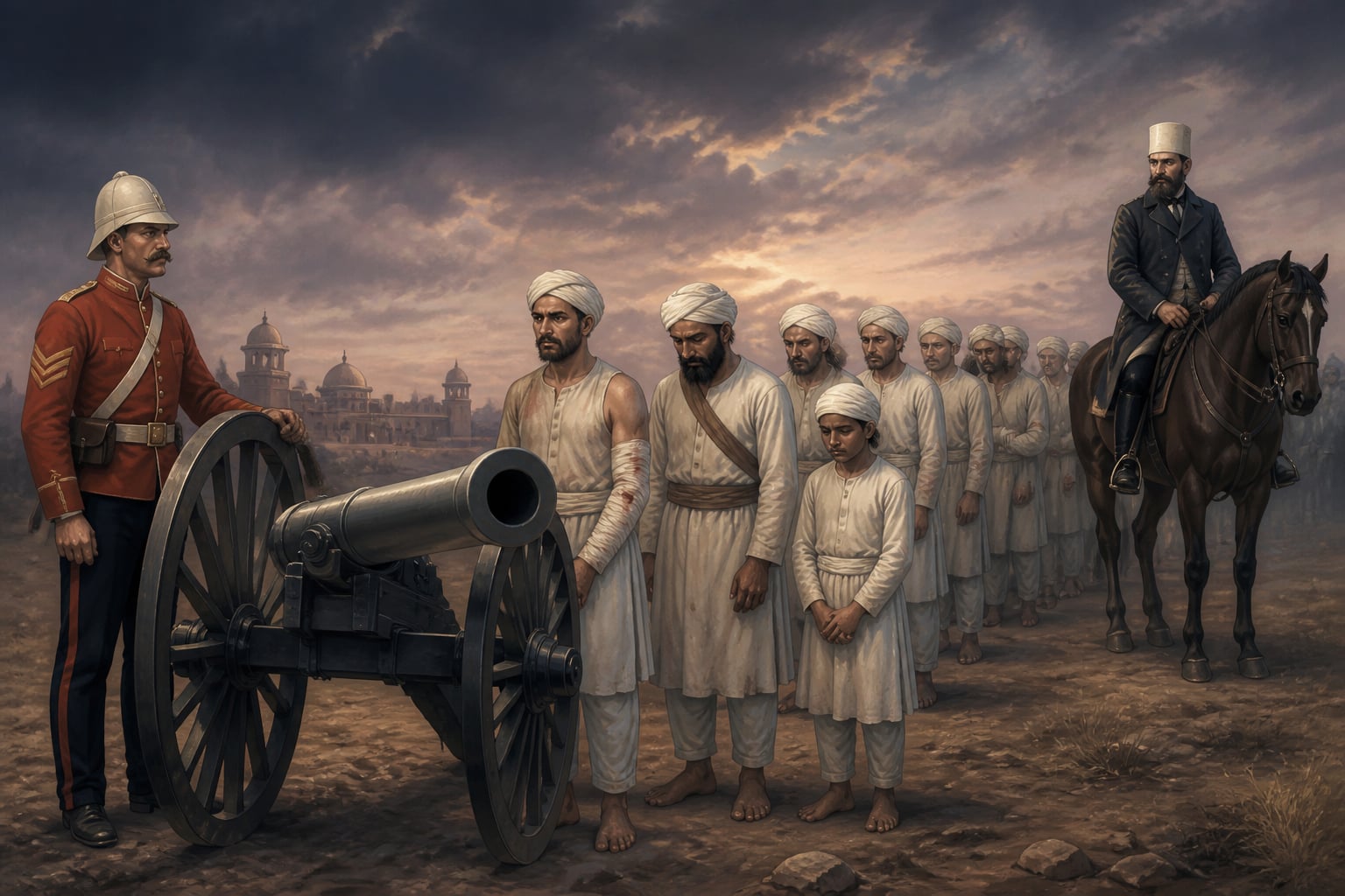 Prisoners in white before the gun at Malerkotla