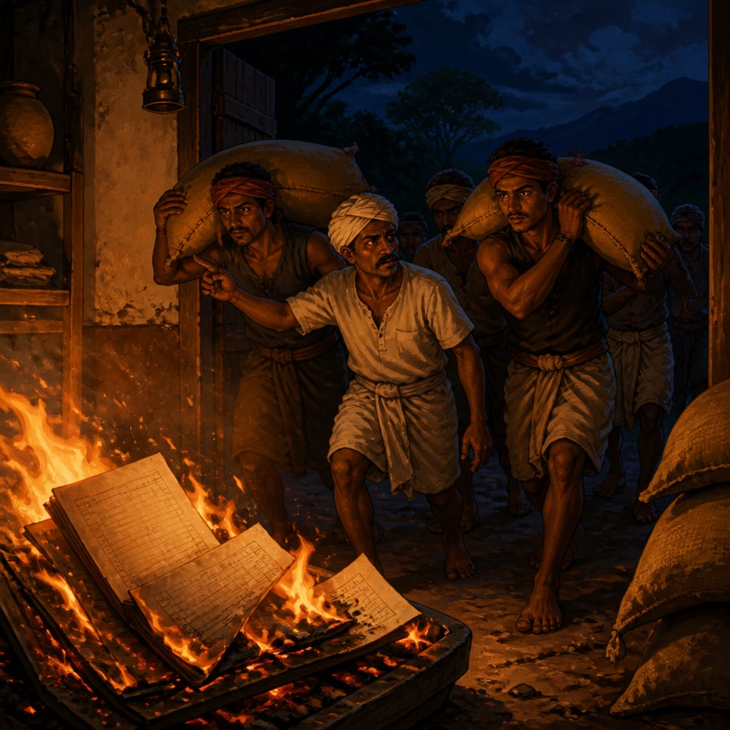 Grain carried out as the moneylender's ledgers burn