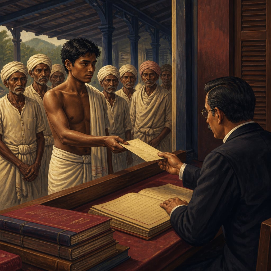 Young Birsa handing a petition over the counter at Chaibasa