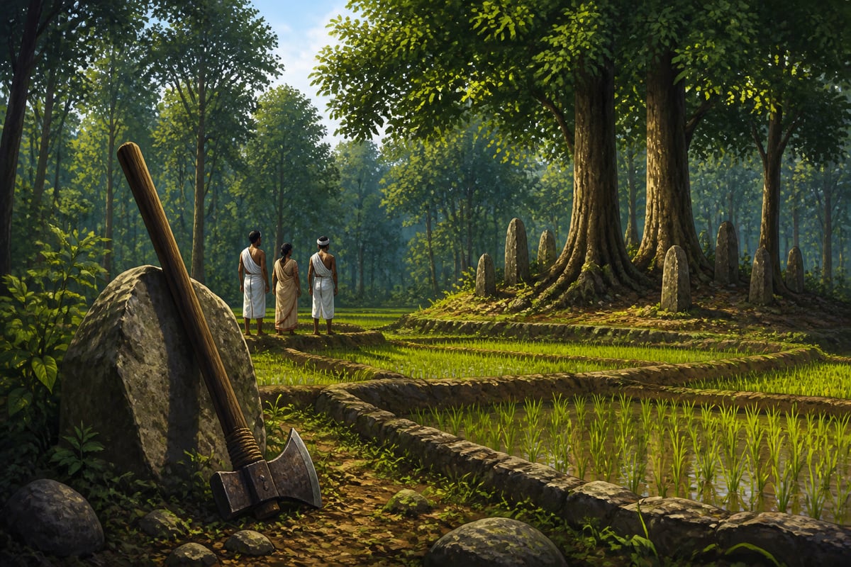 A Munda khuntkatti clearing with its axe and sacred grove